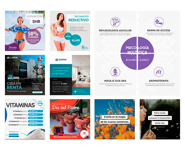 Diseños de redes sociales, facebook e instagram de diferentes negocios.