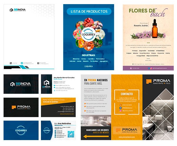 Colash de diseños de tripticos, tarjetas de presentación, hojas membretadas, volantes y un catalogo.